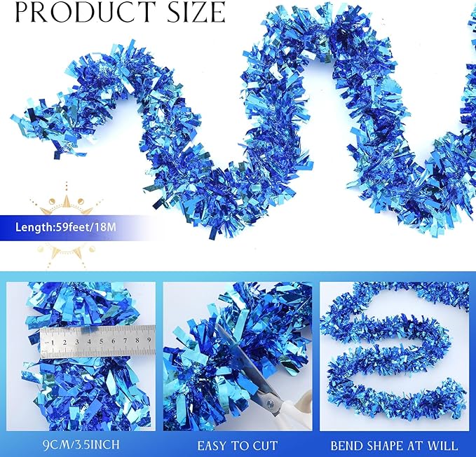 Dingion 59 Feet Christmas Tinsel Garland Metallic Twist Ornaments Hanging Glitter Xmas Garland for Christmas Tree Indoor Outdoor Decoration Party Supplies(Light Blue, Dark Blue)