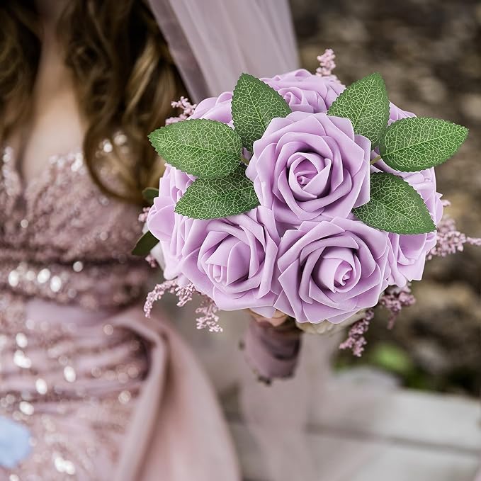 AmyHomie 25pcs Real Looking Artificial Lavender Roses w/Stem for DIY Wedding Bouquets Centerpieces Arrangements Party Baby Shower Home Decorations