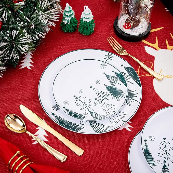 FLOWERCAT 100PCS Christmas Plates & Christmas Tree Plates - Heavy Duty Christmas Plastic Plates Disposable for Party - Include 50PCS 10.25inch Christmas Dinner Plates - 50PCS 7.5inch Dessert Plates