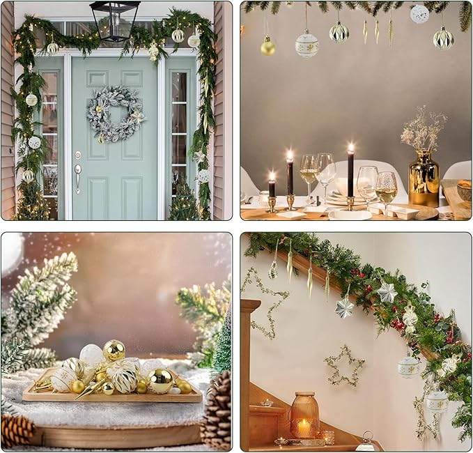 73 Pcs Christmas Ball Ornaments, Gold White Plastic Hanging Ornaments for Christmas Tree, Wreaths & Outdoor Displays