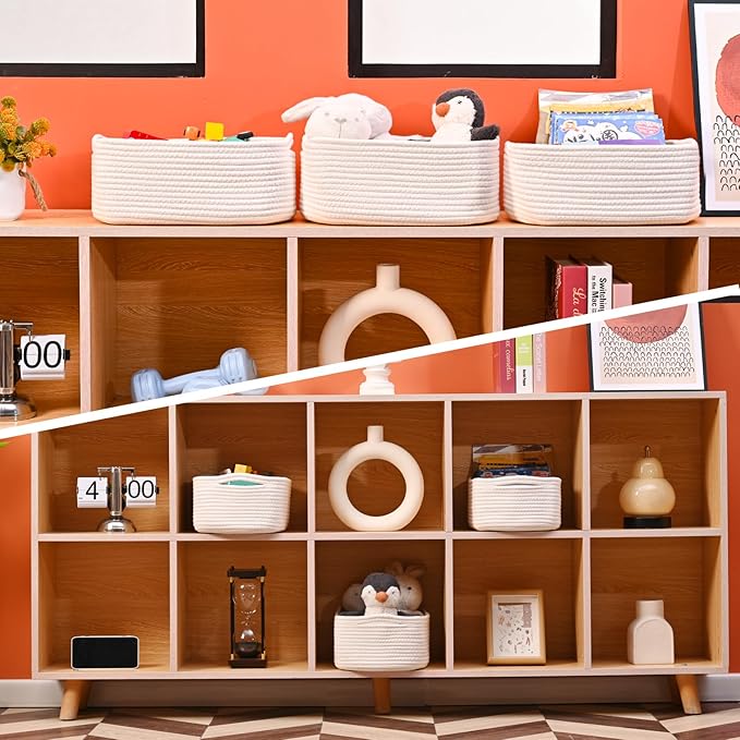 Small Storage Baskets for Organizing, Organizing Baskets for Shelves, Small Cute Basket for Gifts Empty, Organizer Basket for Decor, 13"×8.5"×5.1" (3 Packs) Off White