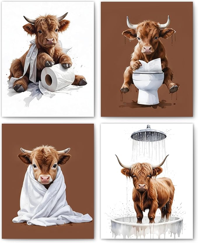 FITIE Funny Cow Bathroom Wall Art Posters Set of 4, Cow Bathroom Decor, Humorous Cute Bathing Fluffy Heifer Toilet Canvas Prints Artwork Wall Decor for Bath Room Washroom, 8x10 Unframed