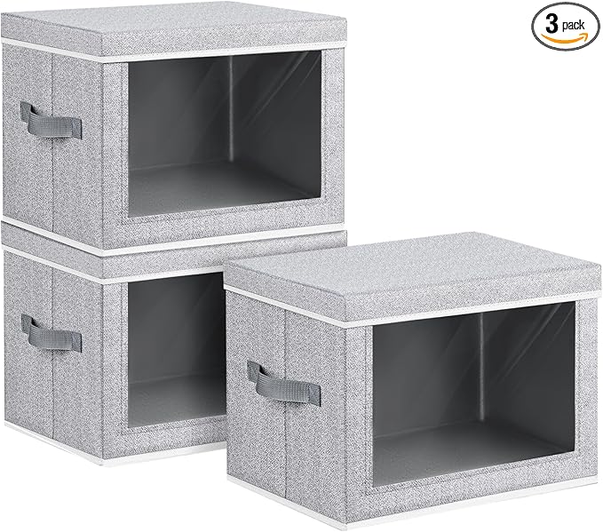 Large Storage Baskets Bins with Lids - Stackable Cube Bins for Closet, 3 Pack Windows Organizer Bins, Home Organizers and Storage for Clothes, CD, Towels, Light Grey