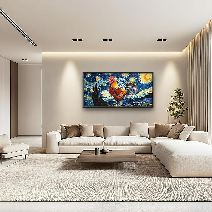 Flintis Large Rooster Wall Art Starry Sky Night Chicken Pictures Wall Decor Abstract Animal Canvas Painting Print Artwork Decoration Framed for Living Room Bathroom Master Bedroom Office 60L x 30W