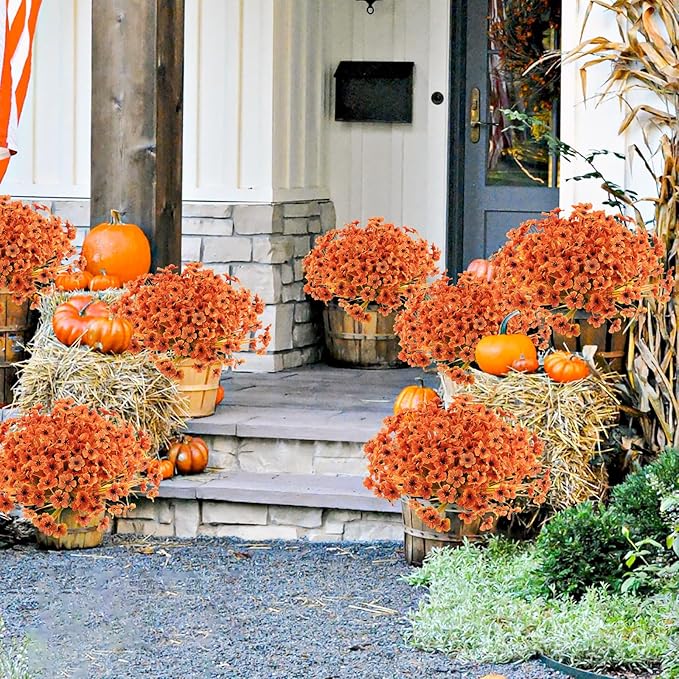 Krissing 48 Bundles Artificial Fall Flowers for Outdoors, UV Resistant Fake Outdoor Silk Flowers Plants Fall Faux Autumn Flowers for Garden Porch Window Box Fall Outside Decor