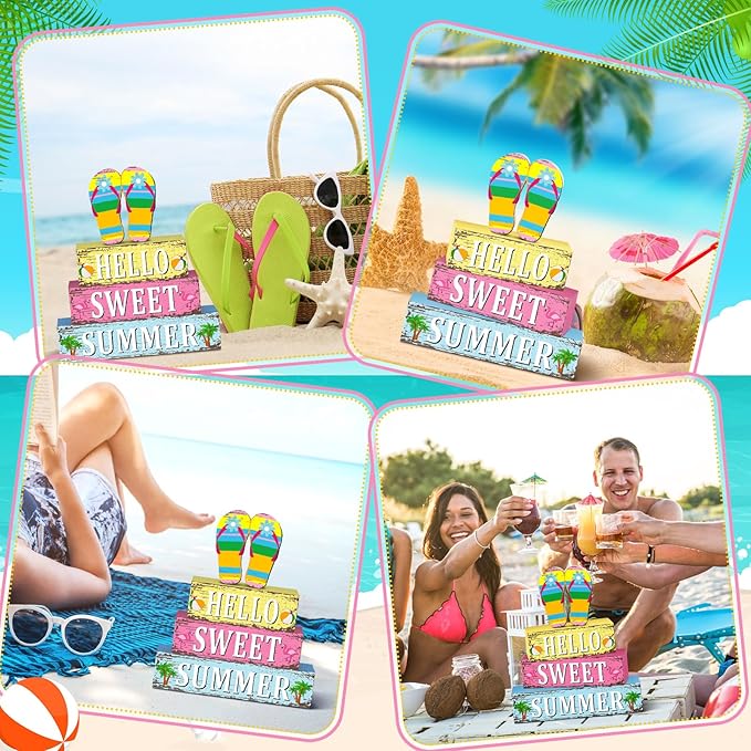 Geelin 4 Pcs Summer Decorations Wooden Sign Hello Summer Flip Flop Table Centerpiece Tiered Tray Decor Beach Farmhouse Blocks Table Top Sign for Home