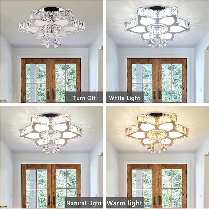 FRIXCHUR 16.1 Inch Dimmable Modern Crystal Chandelier Led Ceiling Light Fixture with Remote Flower Chandelier for Living Room Dining Room Closet