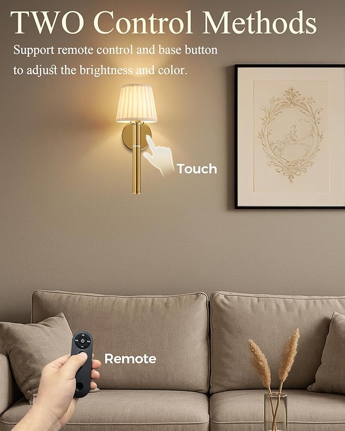 Cordless Battery Operated Wall Sconces Set of 2, 5200mAh Rechargeable Wall Sconce with Magnetic Pole and Fabric Shade, Dimmable LED Wall Lamp with Remote for Living Room, Bedroom, Hallway Decor
