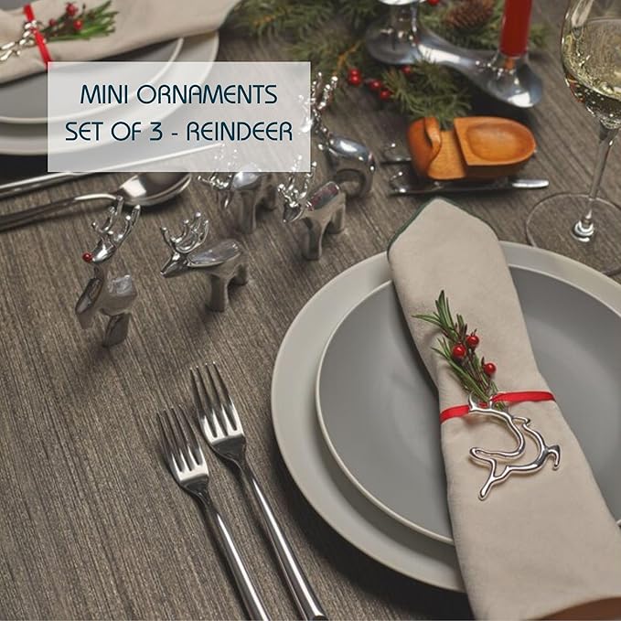 Nambe Mini Reindeer Christmas Ornaments (Set of 3), Silver-Plated Deer in Mid-Leap with Red Hanging Ribbons, Elegant Holiday Decorations for Christmas Trees, and Keepsakes