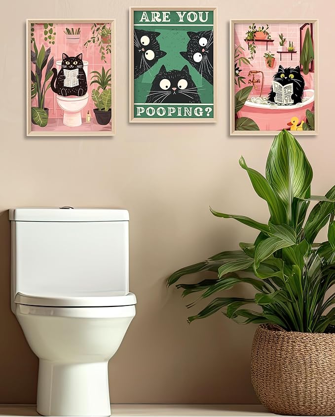 UPWOIGH Funny Cat Bathroom Wall Art, 12"x16" Wood Framed Canvas Decor, Are You Pooping? Black Cat Poster Set of 3, Cute Reading and Bathing Humor Prints for Kids Room Bedroom, Fun Gift Idea