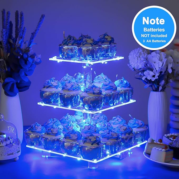 YestBuy 3 Tier Square Cupcake Stand - Premium Cupcake Holder - Acrylic Cupcake Tower Display - Cady Bar Party Décor + LED Light String - Ideal for Weddings, Birthday Parties( Blue Light)