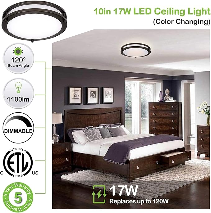 hykolity 10 inch Flush Mount LED Ceiling Light Fixture, 17W 1100lm, 2700K/3000K/3500K/4000K/5000K Adjustable Ceiling Lights, Oil Rubbed Bronze Saturn Dimmable Lighting for Hallway Bathroom or Kitchen
