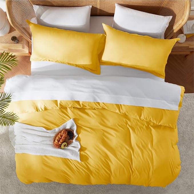 Nestl Yellow Duvet Cover Queen Size - Soft Double Brushed Queen Duvet Cover Set, 3 Piece, with Button Closure, 1 Duvet Cover 90x90 inches and 2 Pillow Shams