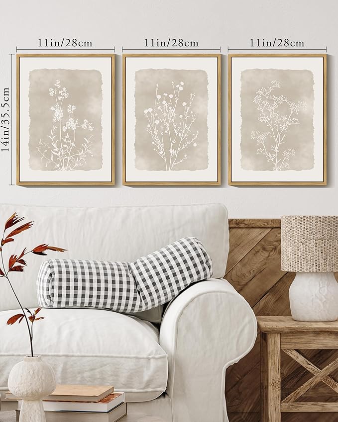KUVIOKE Boho Botanical Flower Wall Art Framed Vintage Floral Wall Prints Wildflower Neutral Rustic Bohemain Artwork Kitchen Bedroom Decor 11x14in (Natural Framed)