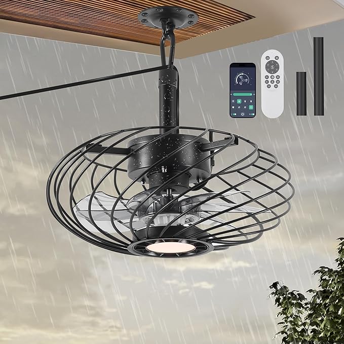 15" Outdoor Ceiling Fan with Light, Waterproof Gazebo Fan Remote Control, Dimmable LED Light, Hanging Black Caged Ceiling Fixtures with Plug in Cord for Patios Pergola