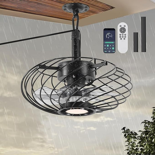15" Outdoor Ceiling Fan with Light, Waterproof Gazebo Fan Remote Control, Dimmable LED Light, Hanging Black Caged Ceiling Fixtures with Plug in Cord for Patios Pergola