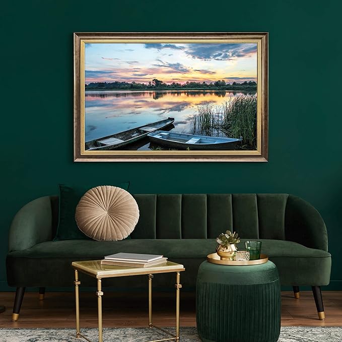 Lake Scene Canvas Wall Art: Large Framed Landscape Print Picture Relaxing Gorgeous Sunset Forest Artwork Calming Boat Reed Painting Contemporary Country Scenery Photo for Living Room Office