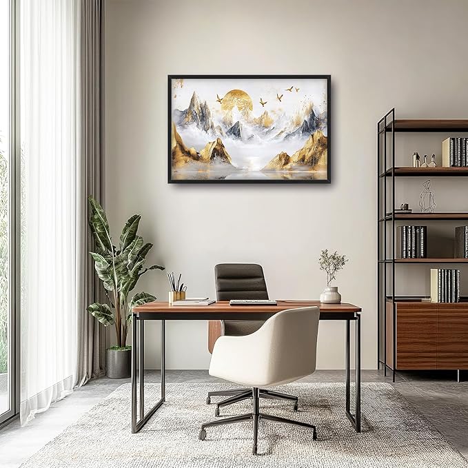 Extra Large Framed Abstract Mountain Wall Art,Golden Silver Sun Bird Wall Decor,Mountain Landscape Pictures for Living Room,Canvas Print Painting Modern Artwork Bedroom Office Bathroom 36L x24W