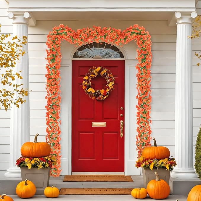 Dremisland Fall Artificial Flowers Garland 2Pcs 5.9Ft Artificial Fall Morning Glory Flower Vines UV Resistant Orange Yellow Hanging Autumn Floral Vines for Home Garden Wedding Party Thanksgiving Decor
