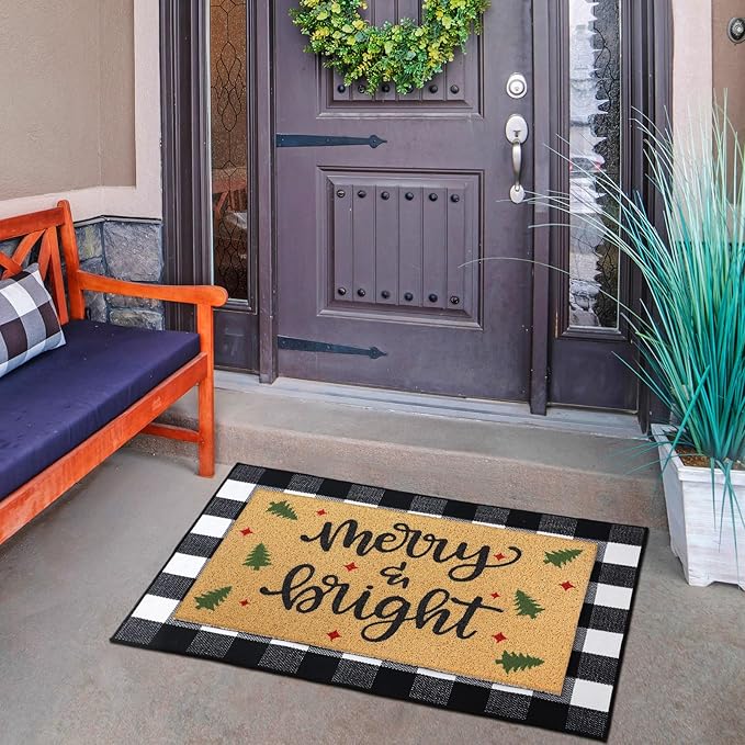 2 Pcs Christmas Welcome Door Mat Merry Bright Outdoor Welcome Mats for Front Door Non Slip Xmas Tree Coir Floor Mat Black White Check Christmas Rug for Outside Front Porch Entryway Decor
