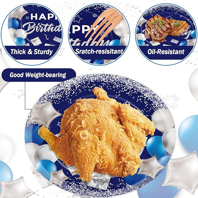Birthday Oval Paper Plate 11inch Large Happy Birthdays Plates and Napkins, Blue and Silver Party Decoration Favor Dish Tray for Man Woman Bday Baby Shower Holiday Gathering Supplies Tableware 25 Guest