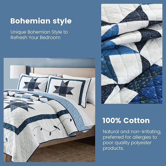 Secgo Handmade Quilted 100% Cotton Queen Comforter Set for Bed - 100% Cotton Quilts Queen Size, Black Bedspreads (90 * 96 Inch) with 2 Pillow Shams, Patchwork Reversible Lightweight Bedding