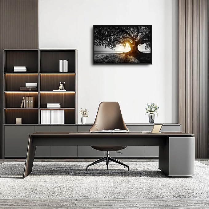 Olivine Tree Wall Art, Sunset Pictures Wall Decor, Black And White Painting, Nature Scenery Canvas Prints, Framed Artwork for Bathroom Bedroom Living Room Office Home Decoration 36"x24"