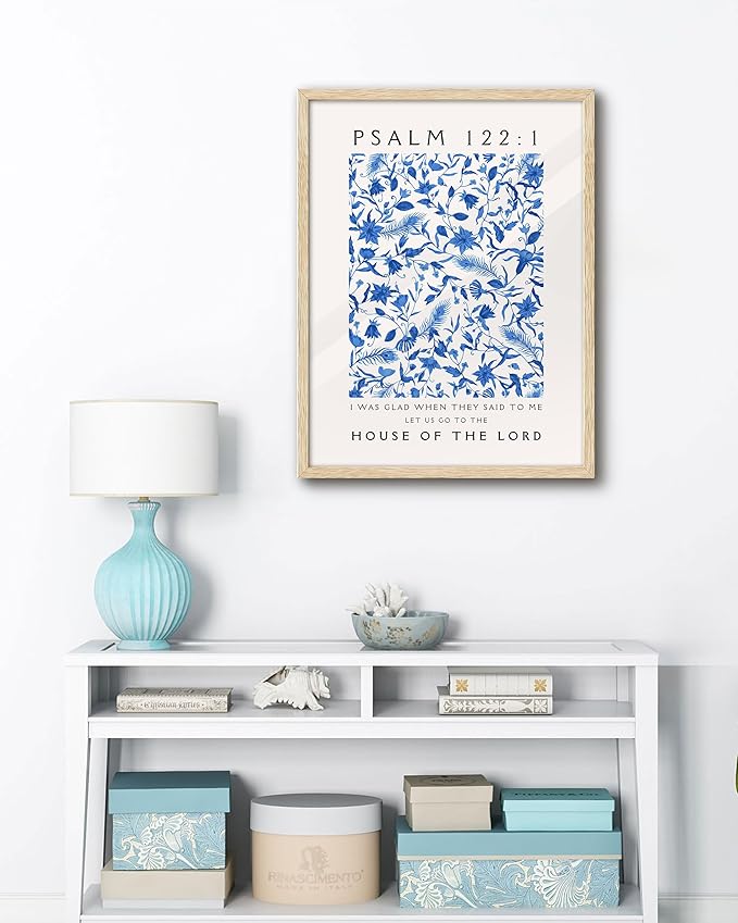 EcoHest OAK Wood Jesus Framed Wall Art, 12x16in Psalm 122:1 Bible Verse Christian Wall Art, Modern Blue Bedroom Decor For Living Room Bathroom Religious Gift 1Pack