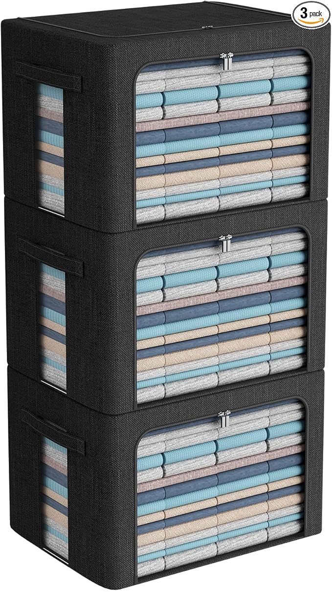3Pack Foldable Storage Bins - Frame Storage Box Linen Fabric Stackable Clothes Container Organizer with Clear Window & Carry Handles Large Capacity (Extra Large-100L, Black)