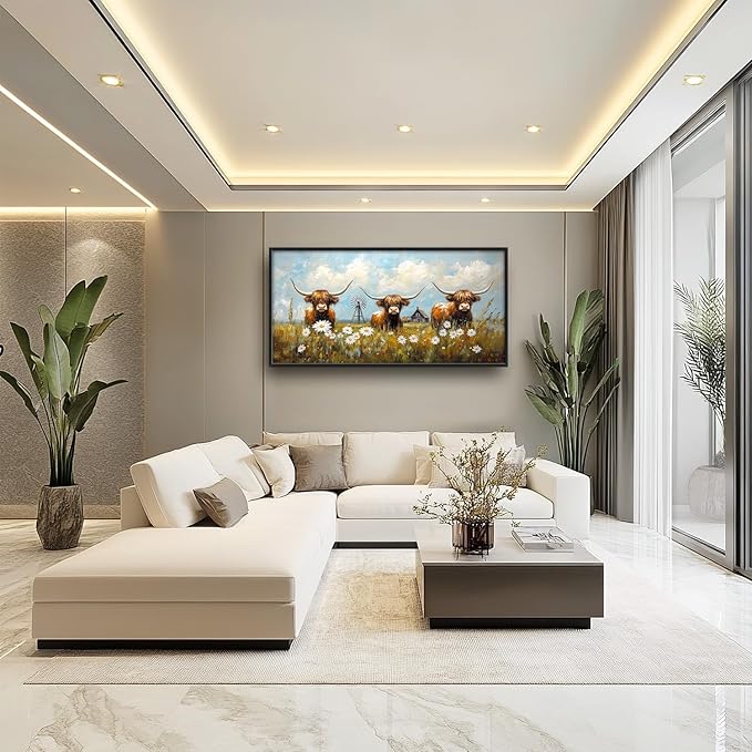 Flintis Large Highland Cow Barn Framed Wall Art Farmhouse Highland Cattle Daisy Pictures Wall Decor Abstract Canvas Painting Print Artworks Framed for Living Room Bathroom Master Bedroom 60L X 30W