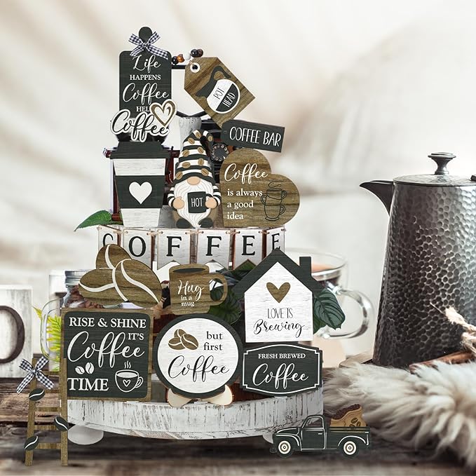 Yaomiao 21 Pcs Coffee Tiered Tray Decor Set Wooden Coffee Bar Decor Rustic Farmhouse Bar Decorations Wooden Table Sign Ornament for Table Kitchen Station Tray Shelf