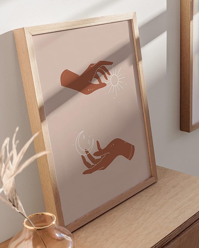 HAUS AND HUES Sun and Moon Art Astrology Posters - Spiritual Wall Art and Celestial Hands Top and Bottom Hands Room Decor Posters Spiritual Boho Prints (Beige Frame, 12x16)
