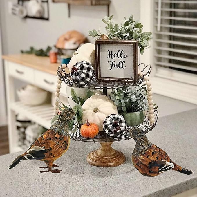 naturevibe 7.5 Inches Feathered Quail Set of 2 Fall Decorations,Artificial Woodland Animals Fall Figurines with Natural Feather as Centerpiece Table Decorations or Autumn Harvest Decor