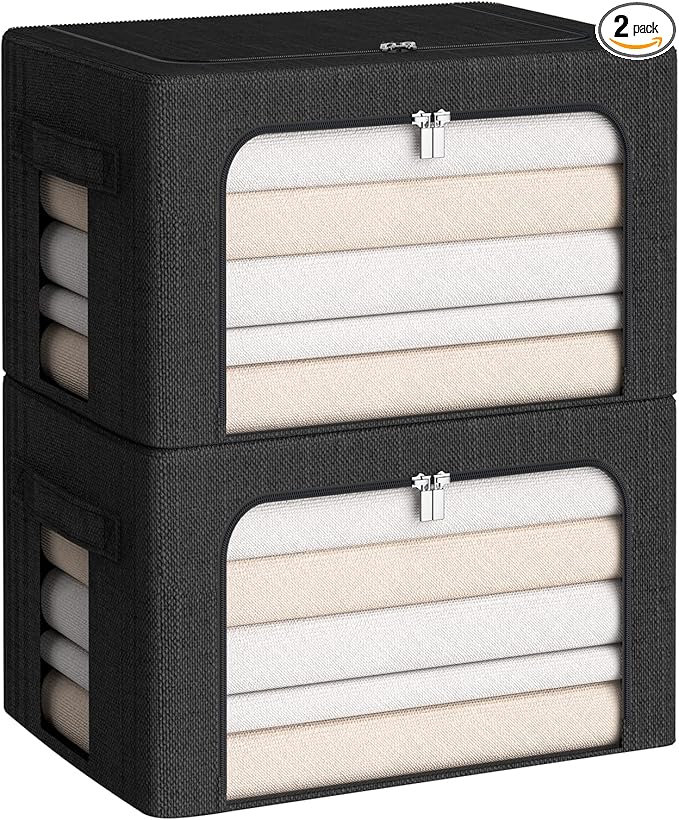 Clothes Storage Bins Box - Linen Fabric Foldable Stackable Container Organizer Set with Clear Window & Carry Handles & Metal Frame (Black, Medium-36L)
