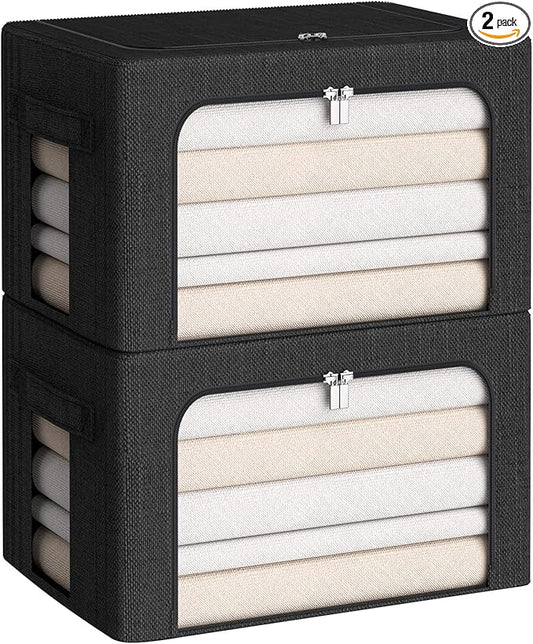 Clothes Storage Bins Box - Linen Fabric Foldable Stackable Container Organizer Set with Clear Window & Carry Handles & Metal Frame (Black, Medium-36L)