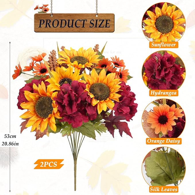 HUAESIN 2PCS Artificial Flowers Fall Decor Silk Flowers Bouquet Fake Sunflowers Daisy with Hydrangea Berries Silk Autumn Floral Arrangements Indoor for Home Wedding Thanksgiving Decoration Outdoor