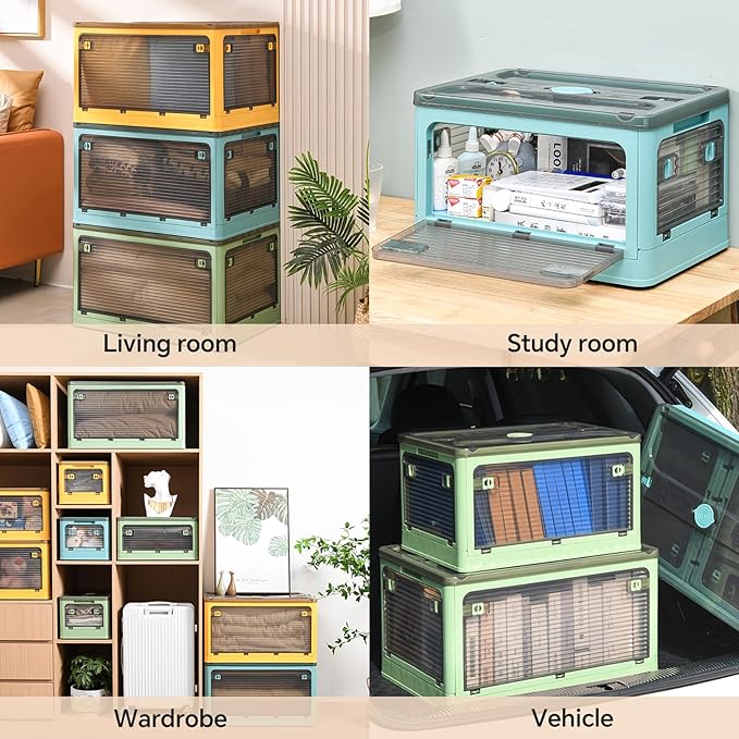 50 Liters Stackable Storage Bins, Closet Organizers with Lid, Wheels, Drawers, Foldable Collapsible Box for Clothes and Camping Out Doors Bins, Green