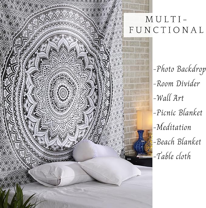 RAJRANG Large Grey Mandala Tapestry Wall Hangings Indian Hippie Tapestries Boho Décor Bedspread Yoga Meditation - 90x108 Inches