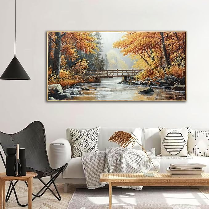 KLAKLA Canvas Wall Art - Rustic Landscape Burnt Orange Forest Tree Creek Print Picture Framed Artwork for Living Room Bedroom Office Wall Decor - 48x24 Inches