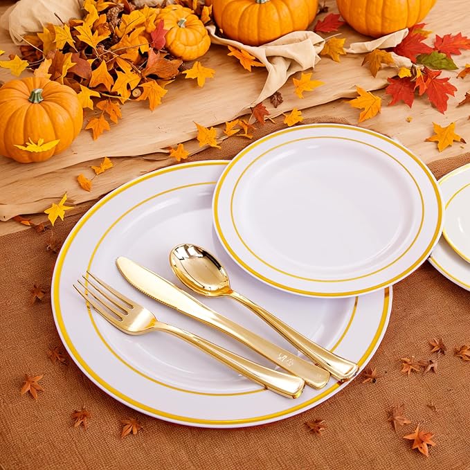WDF-125 PCS Gold Plastic Plates - White And Gold Plastic Plates Include 25 Dinner Plate, 25 Salad Plate, 25 Forks, 25 Knives, 25 Spoons for Parties/wedding