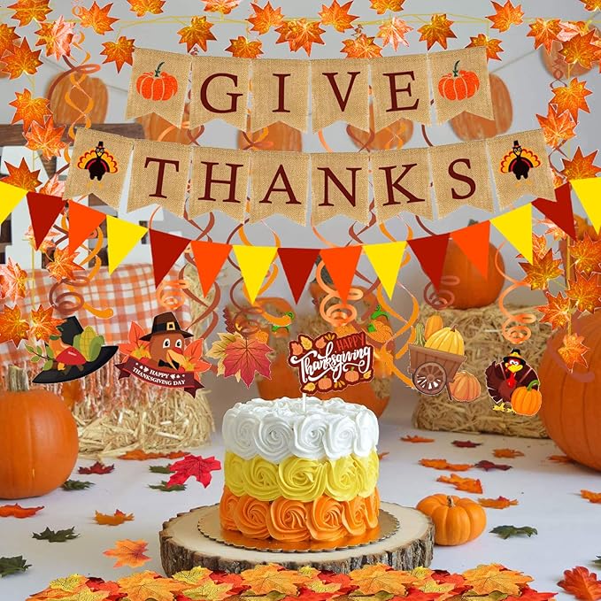 GIVE Thanks Burlap Banner Paper Triangular Bunting Maple Leaf Garland Plastic Streamer for Autumn Harvest Thanksgiving Day Party Decoration