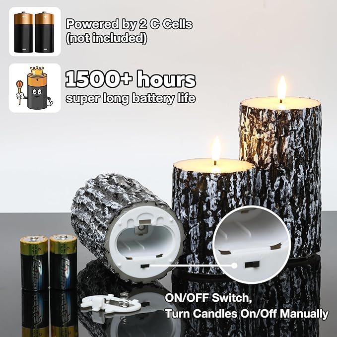 Eywamage Black Pine Bark Flameless LED Candles with Remote, Farmhouse Flickering Wood Pillar Candles Set of 3