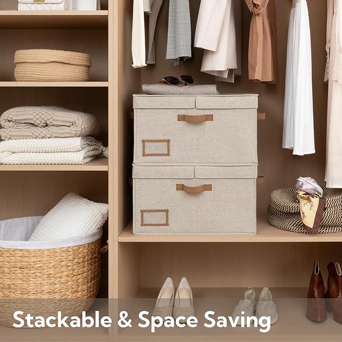 StorageWorks Large Clothes Storage Bins, Fabric Boxes with Divider Board, Baskets for Clothes, Linen Closet Organizers with Lid, Mixing of Brown & Beige, 2-Pack