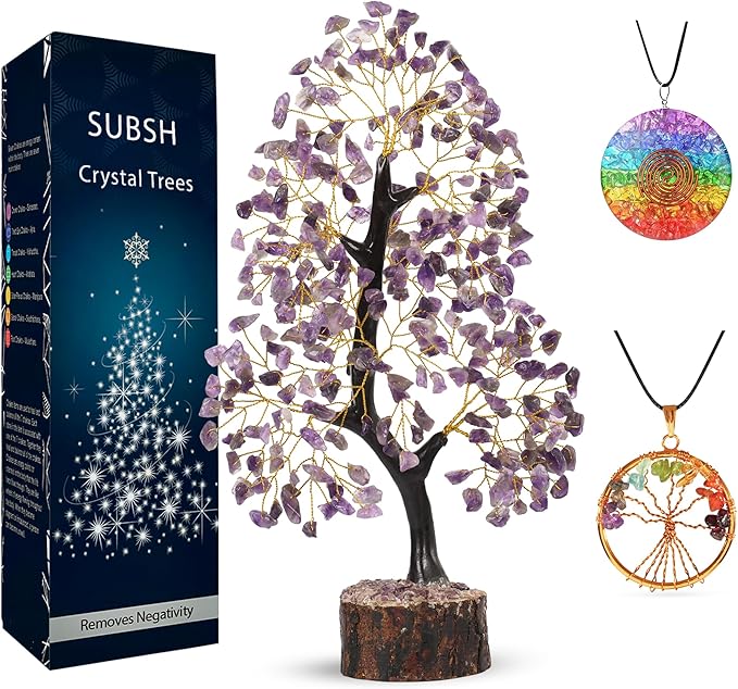 Amethyst Crystal Tree of Life with 2 Chakra Pendants, Gemstone Tree for Positive Energy, Birthday Gift for Women, Office Decor, Crystals and Healing Stones 10-12"
