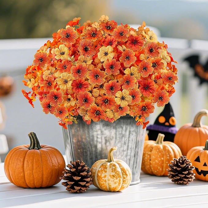 16 Bundles Artificial Fall Flowers for Outdoors, Realistic Fake Silk Flowers with Eucalyptus, No Fade Faux Fall Plants for Planter, Patio, Front Porch & Garden Decor