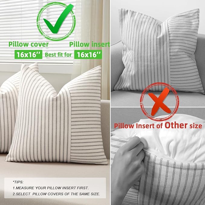Farmhouse Pillow Covers 16x16, Modern Accent Square Throw Pillow Covers Set of 2, Gray and Beige Striped Patchwork Linen Decorative Pillows Cushion Covers for Couch Chair Bedroom Fall Decorations