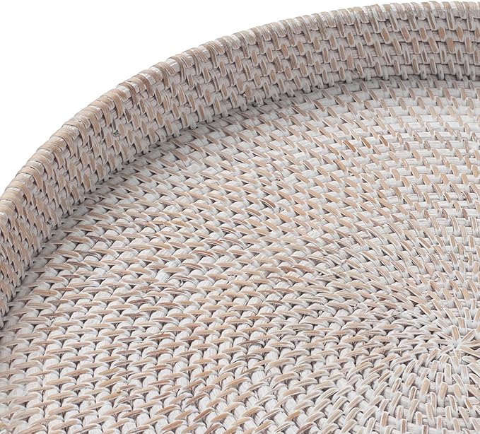 16.9 inch Round Rattan Tray, Woven Large Serving Tray with Handles, Wicker Serving Basket, Coffee Table Decor for Living Room, Whitewash