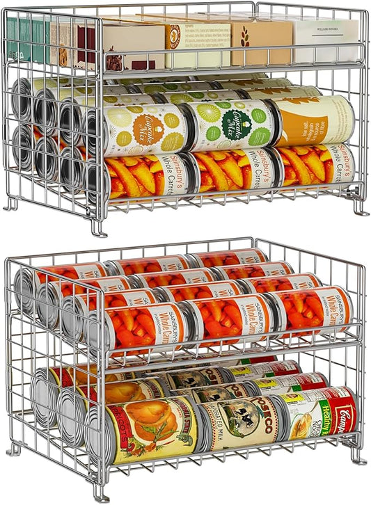 JKsmart 2-Pack Stackable Can Rack Organizer, Can Storage for Kitchen Pantry Cabinet, Can Holders for Food, Multifunctional Can Dispenser for Snacks Soda, Silver