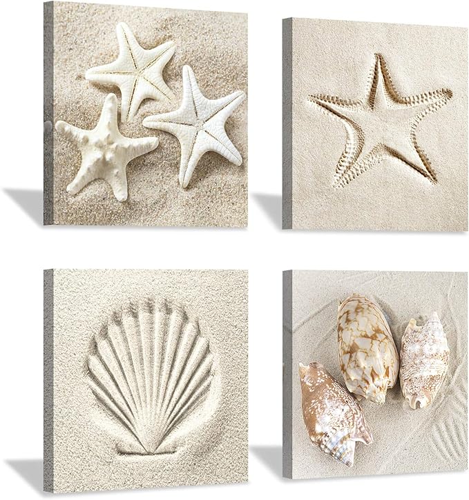 Coastal Serene Canvas Wall Art: Shells on Beach Sand Giclee Print Painting for Wall Decor for SPA Room (16''x16''x4pcs)