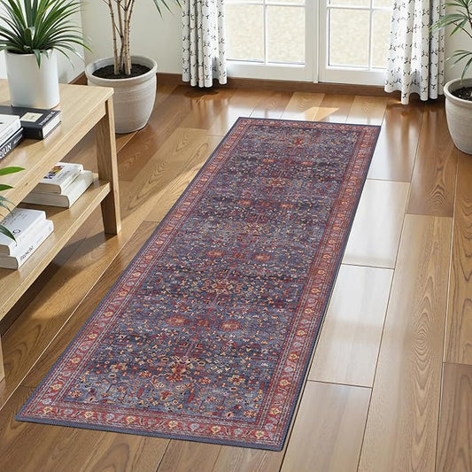 Washable Area Rug 2'6'' x 8' Vintage Traditional Persian Mat - Foldable Distressed Non-Slip Machine Washable Carpet for Living Room Bedroom Kitchen Home Decor - Indigo and Crimson